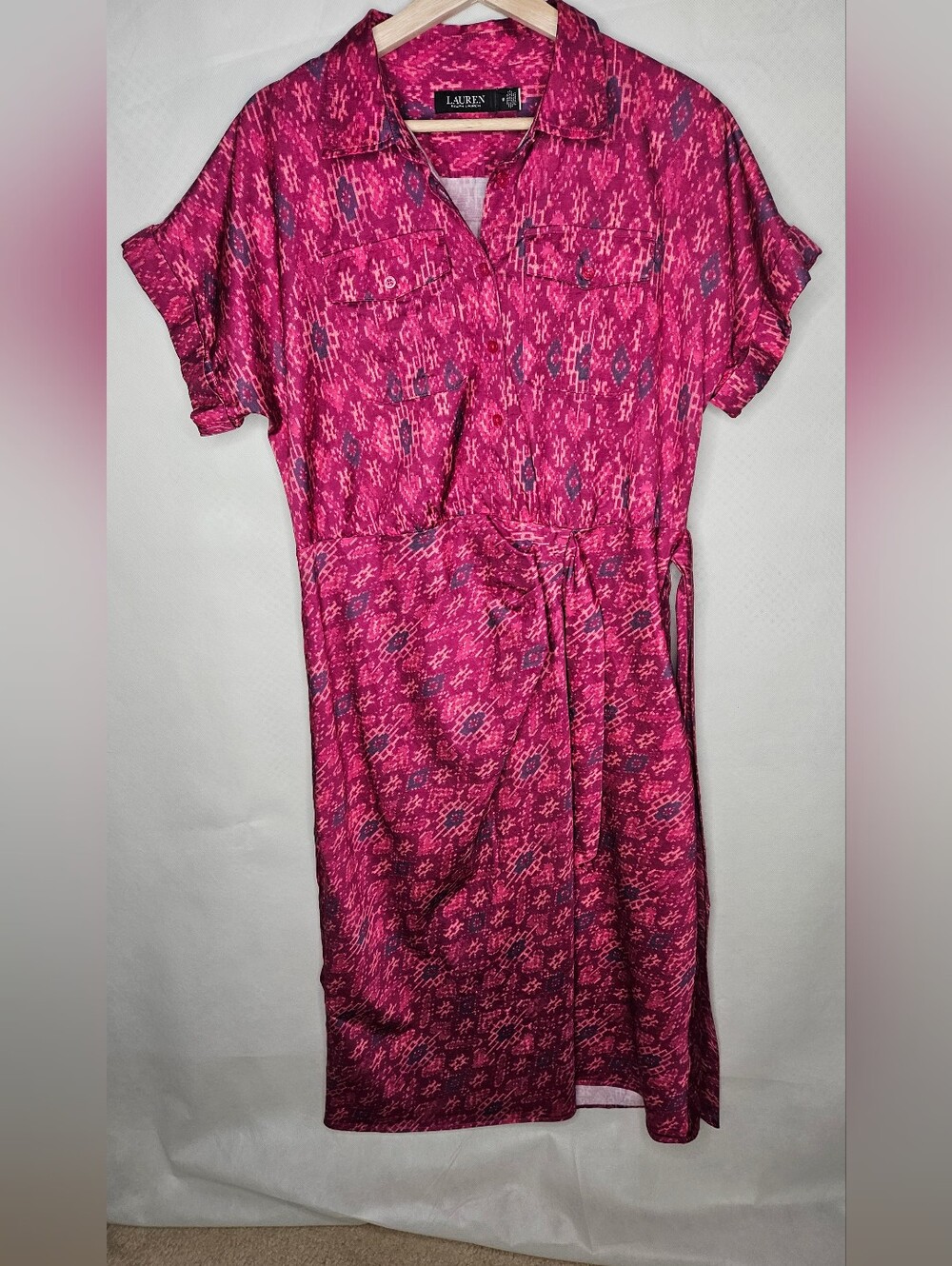 Lauren Ralph Lauren Fuchsia Printed Tie-Waist Shirt Dress Satin Size 14 Cotton